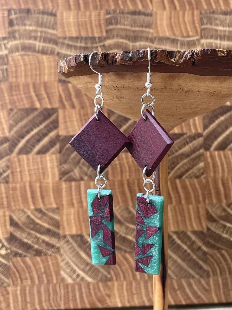 Earrings - Purple Heart Diamond and Rectangle Dangle