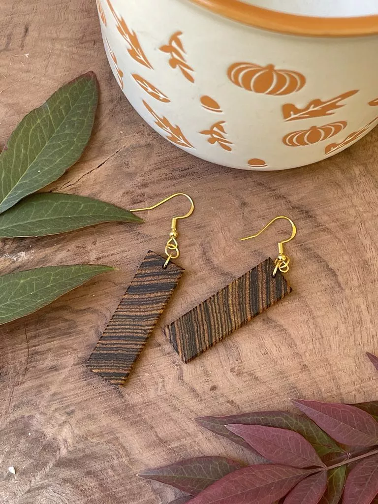 Earrings - Rectangle Dark Striped Wooden