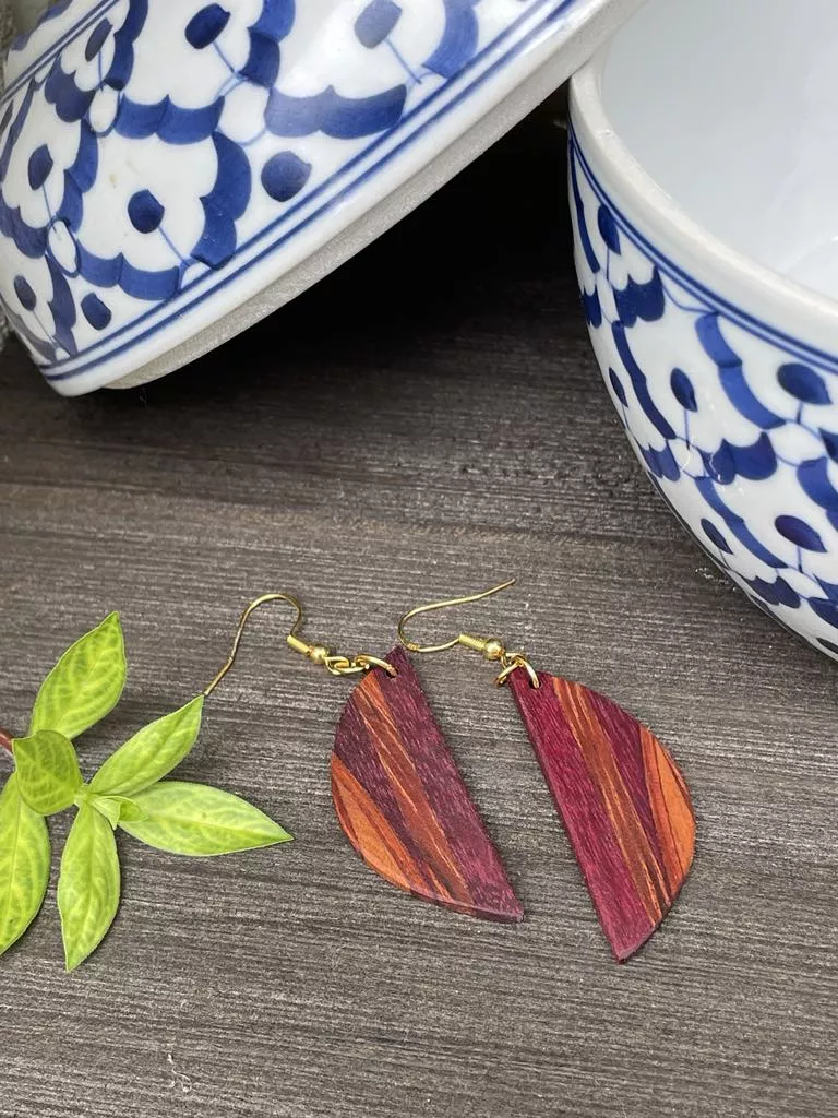 Earrings - Red Half-Circle Wooden