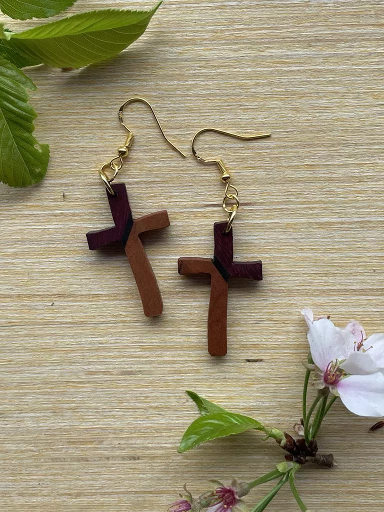 Earrings - Wooden Multi Layered Cross Dangle