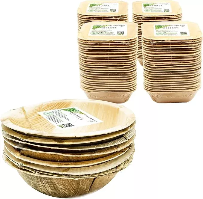 Square Palm Leaf Bowls (17 oz) – 100-Pack & Large Round Serving Plates (40 oz) – 10-Pack Eco-Friendly Disposable Party Set