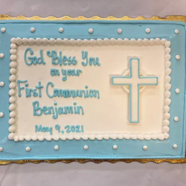 Sugar Cross with Invitation Style Border Sheet Cake